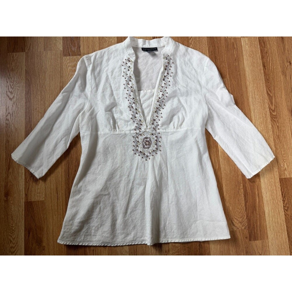 Spencer Jeremy Linen Cotton Embroidered Boho Tunic Top White Beaded Women’s L